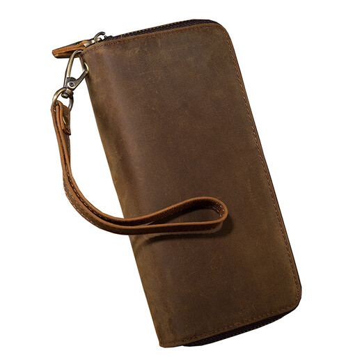 Einfach/Natur Original Crazy Horse Leder Langes Doppel Reißverschluss Brieftasche für Männer Multi-Karten-Retro-Kupplung echtes Leder großer Kapazität Trend