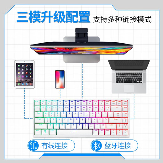 E-Element Huoji 84 Bluetooth Wired Dual-Mode-Gaming-Tastatur Ergonomisches Design Volltaster Nicht-Schlaganfall-RGB-optische mechanische Tastatur CQ84 White Blue Achse Bluetooth + Kabel verdrahtet