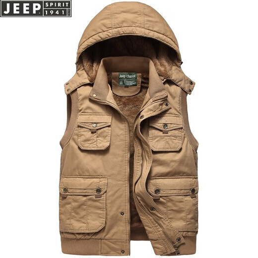 JEEP velvet thickened warm hooded multi-pocket vest middle-aged and elderly winter men's waistcoat pure cotton vest loose vest No. 1 Army Green Army Green Plus Velvet Plus Velvet 4XL 190Jin Jin is equal to about 0.5 kg