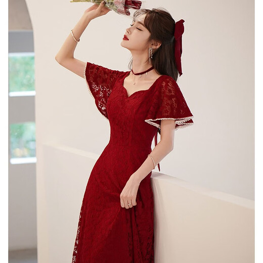 
Lankaroni Lankaroni toast suit bride can wear wedding engagement dress return small evening dress lace burgundy medium length 2XL