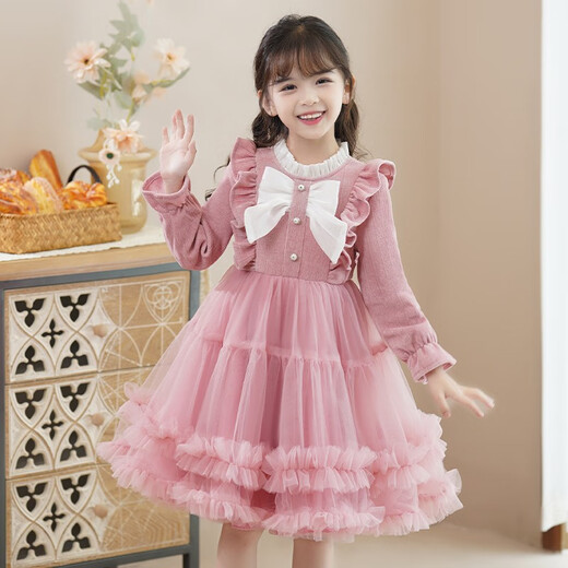 Anneyol girls dress spring and autumn skirt 2025 new children's style autumn dress little girl dress red princess dress pink velvet 120