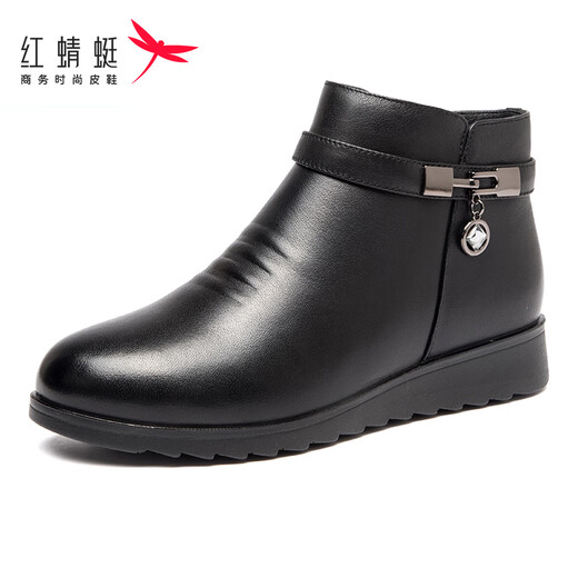 红蜻蜓女鞋冬款真皮妈妈棉鞋女士羊毛加绒中老年短靴女防滑保暖棉皮鞋女 黑色WTC9276 40