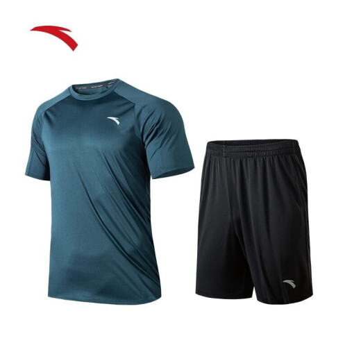 [Two-piece set] ANTA sports suit men's 2022 summer new style light and breathable short-sleeved ice silk quick-drying shorts moisture-wicking running fitness clothes basketball football casual sportswear-2 dark sea green (tops + pants) L/175