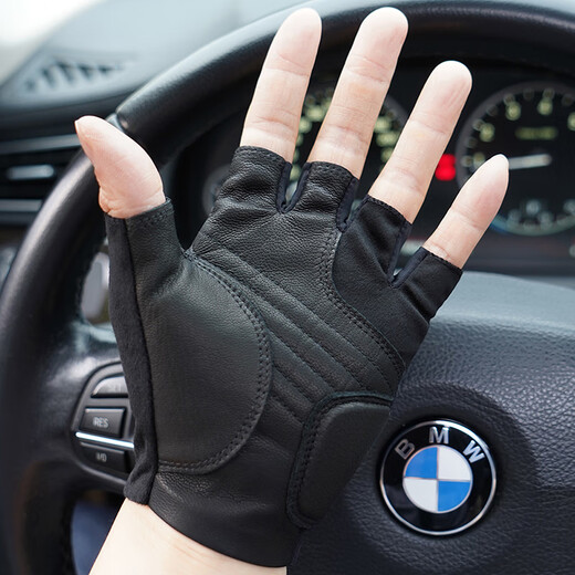 NOOLDERS Men's Half Finger Cycling Driving Genuine Leather Gloves Motorcycle Gloves Half Fingerless Driving Leather Gloves Slim Fit Lycra Leather Combination Design Black (Single Layer No Lining) L Size