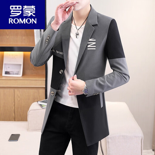 ROMON mid-length windbreaker for men spring and autumn 2026 new spliced ​​casual jacket Korean style trendy slim fit handsome black 209 spliced ​​mid-length 2XL