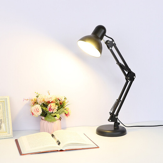 American metal folding table lamp, college students' work and study dormitory bedside wrought iron table lamp, replaceable light bulb, black, clip style, button switch