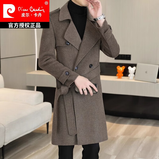 皮尔卡丹（pierre cardin）毛呢大衣男中长款帅气腰带修身羊绒呢子外套羊毛双面呢子风衣针织 咖啡色 175/L【建议110-125斤】