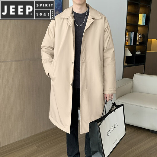 JEEP SPIRIT windbreaker men's mid-length autumn and winter Yamamoto style khaki lapel coat large size fat man coat single-breasted cloak military green M
