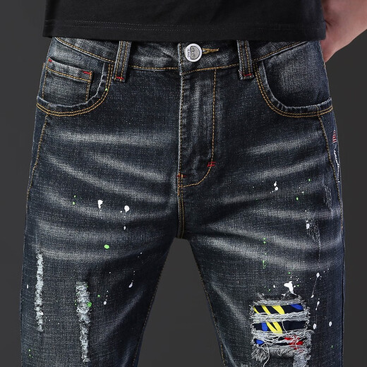 
Fashion brand ripped jeans men's elastic patch patch small feet pants Korean style slim jeans lacquered dot printed pencil pants new product 687 black 30 (2 feet 3)