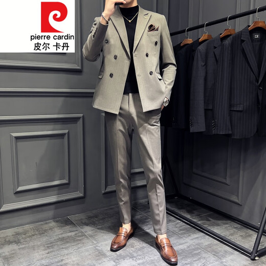 Pierre Cardin double breasted suit men's suit slim casual Korean style British style formal men's wedding plus size suit trend 9962 coffee color suit + trousers tie 3XL