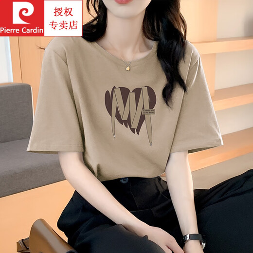 皮尔卡丹（pierre cardin）卡其色纯棉短袖t恤女夏大版气质潮牌体恤独特别致新款上衣设计感 卡其色 653 L