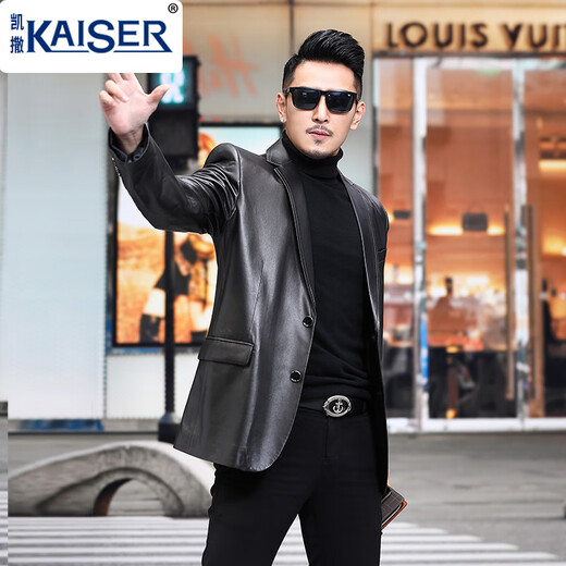 凯撒（KAISER）断码格子真皮西装领头层绵羊皮皮衣男外套西服两颗扣修身春秋休闲 黑色 50/XL