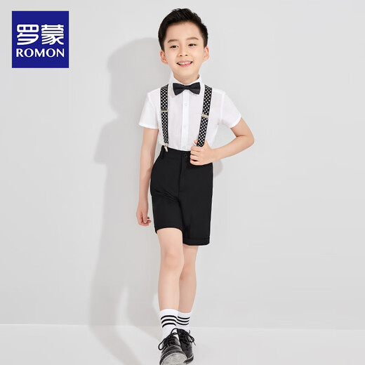 Romon boys dress suit British style summer flower boy suit handsome boy overalls table graduation children's performance four-piece suit shirt + shorts + suspenders + bow tie 120