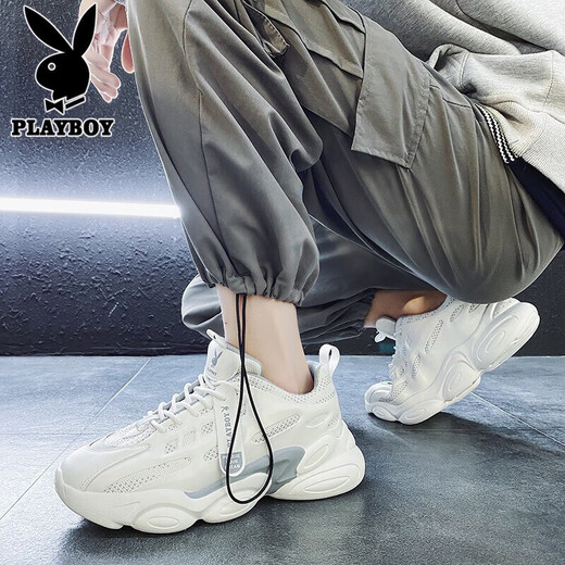 Playboy (PLAYBOY) daddy shoes men's shoes 2025 summer shoes men's casual shoes men's thick sole height-enhancing breathable sports shoes white 42
