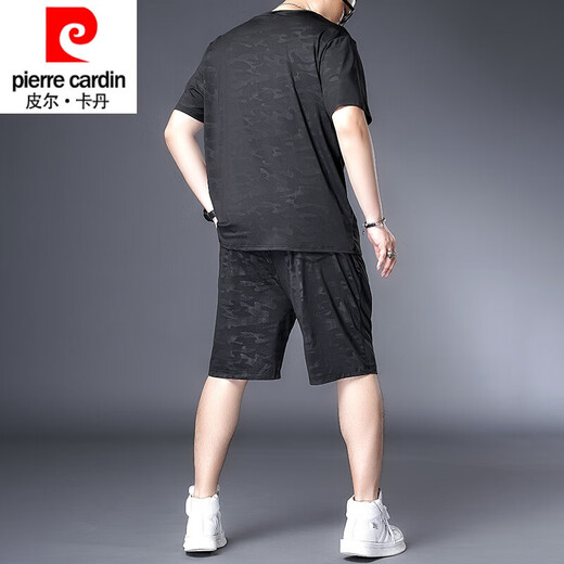 皮尔卡丹品牌高档男装220斤胖子套装肥佬冰丝速干T恤男胖子加肥加大码男装夏季休闲运动短袖短裤套装 黑色9922套装 收藏加购优先发货 5XL 200-225斤