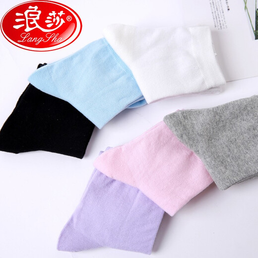 浪莎（LangSha）袜子女纯棉夏季中筒袜全棉超薄防臭透气吸汗四季白色少女学生棉袜 100%棉【春秋袜6双】混色 699款 均码 35至39码