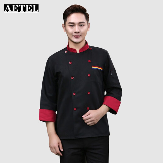 AETEL chef uniform long-sleeved autumn and winter hotel dining hall back kitchen baking plus chef overalls can be made with logo SC three-bar black single top 2XL