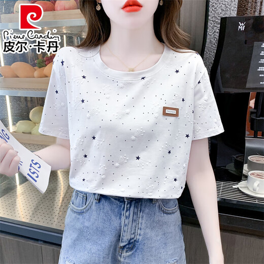 Pierre Cardin Pure Cotton Kurzärmelte T-Shirt für Frauen Sommer 2024 NEU LOOSSCHLIESSE BEDEUTUNG DRUCKELN STANDILE T-Shirt Top Trend 1396 Blue Meteor + 8201 Blue Plaid S für 80-99 Jin [Jin gleich 0,5 kg]