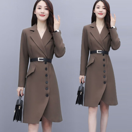 Standing Fenghua long-sleeved dress 2020 autumn new Korean style plus size women's slim fit suit jacket windbreaker style professional wear work skirt Z057 coffee color S