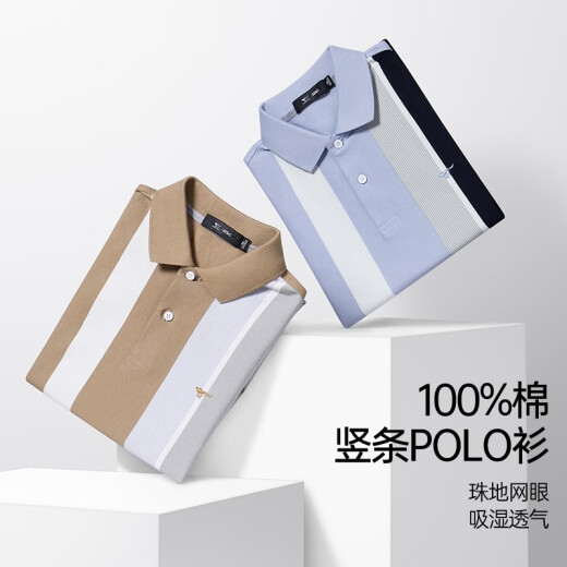 
Seven Wolf Short Sleeve T-shirt Men's Mercerized Cotton POLO Base Shirt Men's Summer Pure Cotton Vertical Stripe Short T Men's Fashion Top 701 (Khaki)-Pure Cotton 175/92A (XL)