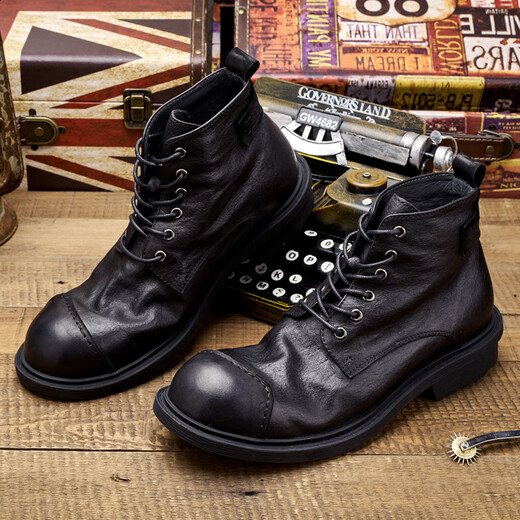 Lingbu Big Head Martin Boots Männer echte Leder Retro Männer Boots Männer Lederschuhe High Top Trendy Short Stiefel Japanische Patch Arbeiten Männer schwarz 41