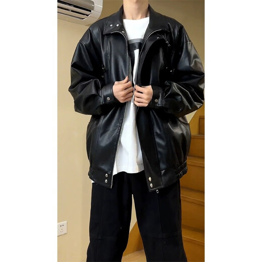 7家优品夹克男士春秋季新款cleanfit皮衣痞帅高级感美式立领机车服外套 NFJQ-W31黑色 2XL