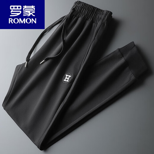 罗蒙（ROMON）运动裤男棉春秋薄款束脚休闲长裤小脚刺绣男士酒红色裤子男卫裤 黑色9928春秋薄款 3XL