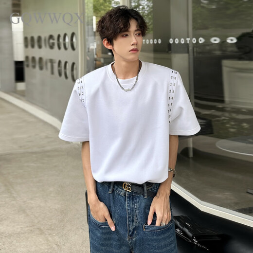 GQWWQX痞帅高级感垫肩T恤男夏季发型师潮牌短袖小众设计感五分半袖 CD1047黑色 XL