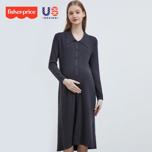 Fisher-Price American Fisher-Price Maternity Dress 2025 Spring and Autumn New Maternity Wear Sweater Jacket Bottoming Skirt Suit Spring Dress Dark Gray Dress One Size