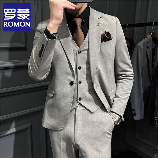 ROMON Groom's Suit Men's Three-piece Complete Set Korean Style Slim Temperament Business Casual Formal Wedding Groomsmen Dress SJT9931 Black 2XL
