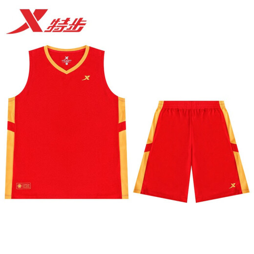 XTEP basketball suit men's new breathable quick-drying two-piece game training uniform custom printed sports team uniform jersey wear-resistant top casual five-point pants magic red L/175