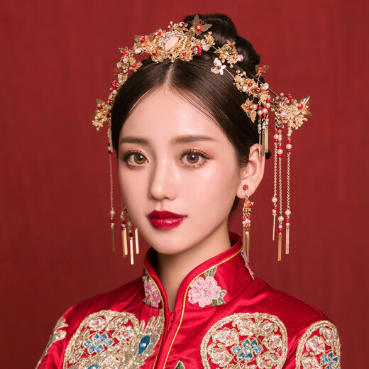 Eleventh Moon Ceremony Bride Xiuhe Clothing Headwear Set Chinese Red Ancient Costume Wedding Hair Accessories Toast Clothes Dragon and Phoenix Coat Classic Accessories Model Headwear Set (Ear Clip Model Does Not Need Ear Holes)
