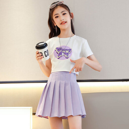 小猪彼特女童半身裙网球裙儿童夏季裙裤大童百褶裙套装女孩jk白色运动短裙 9889T恤+1566紫色短裙【套装】 170 cm