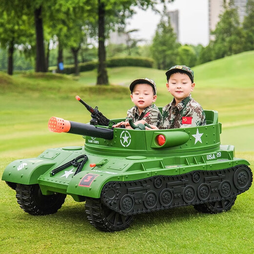 Yijing super large two-seater simulated tank children's electric car four-wheeled toy car can sit adults and children baby car two-seater + self-driving + simulated gun + power steering