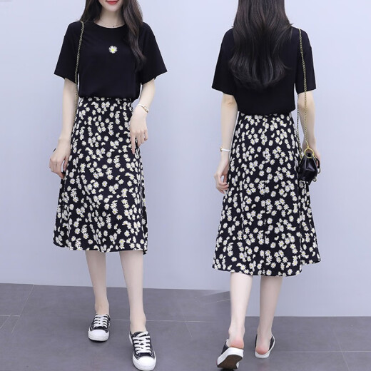 Aomanlu dress women's summer 2020 new summer dress small slim slim fashion suit small daisy short-sleeved women's summer clothes suit skirt two-piece black + long skirt L (recommended 111-120Jin [Jin equals 0.5 kg])
