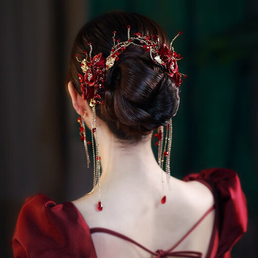 Shengbei Bridal Toast Wear Headdress Red Pair Clip Hair Accessories Simple and Attractive Wedding Dress New Chinese Style Xiuhe Clothing Accessories FD067 Pair Clip + Ear Clip