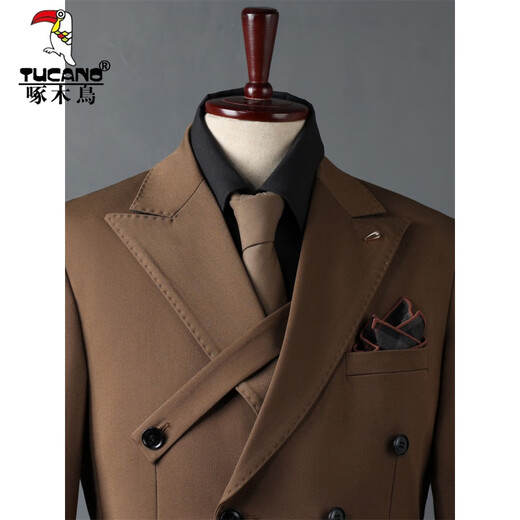 Woodpecker (TUCANO) Men's Double-breasted Suit Suit, Men's Business Formal Wear, Korean Groomsmen's Suit, Wedding Suit, Groom's Suit Jacket, Men's Brown Double-breasted Suit (suit + trousers) 50/L (112-125Jin Jin is equal to 0.5kg)
