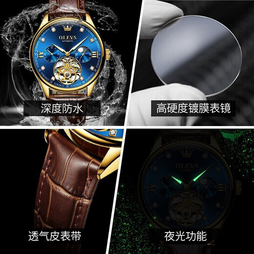 Le couple Olevs regarde un couple entièrement automatique sur la montre mécanique entièrement automatique Gift multifonctionnel étanche pour petit ami et petite amie 3601 + 6629 [cadeau de luxe bleu en cuir marron]