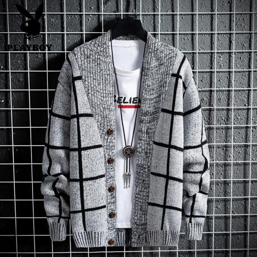 [Special Offer][Off Code Clearance] Playboy Knitwear Men's Autumn and Winter Sweater Men's Youth Korean Style Men's Slim Cardigan Thickened Sweater Plaid Jacket Men's Winter Clothes Counter Genuine-Light Gray Counter Genuine-3XL