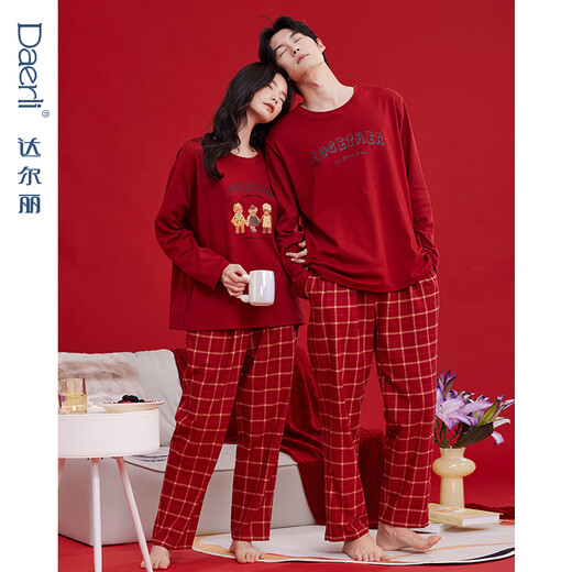 Darli red round neck couple pajamas for women spring and autumn pure cotton long-sleeved cartoon print wedding year red home clothes for men T8245243-029-red women M