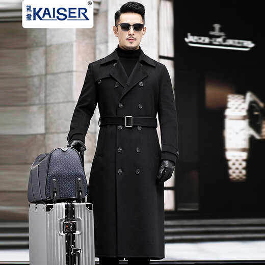 KAISER brand 100% wool woolen coat men's long windbreaker jacket double-breasted suit collar belt double-sided woolen wool black 50/XL