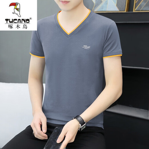 Woodpecker (TUCANO) Odell Cotton Summer V-neck Short-sleeved T-shirt Men's Trendy Base Shirt Half-sleeved Slim Body Shirt Pure Cotton Casual Clothes Q691 Blue Gray XL [Suggested 125-140Jin [Jin equals 0.5 kg]]