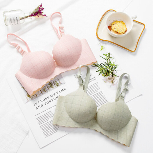 KJ one-piece underwear set women's bra push-up no rims thick and thin style sexy seamless girl push-up small breast bra small breast bra set green single piece 34/75C thin section