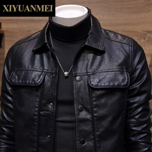 Nishihara Beauty Fashion Brand Leather Jacket for Men Spring and Autumn Korean Style Trendy Lapel Handsome Casual Slim Motorcycle Leather Jacket FD6874 Black Velvet M