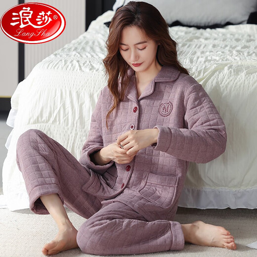浪莎（LangSha）秋冬季空气棉夹层睡衣女纯棉长袖夹棉加肥妈妈家居服套装居家服 844薄.款 M