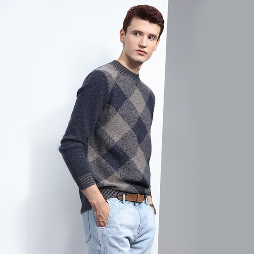 
Zhaojun men's casual plaid half-high neck pure cashmere sweater thick pullover sweater knitted sweater navy blue L