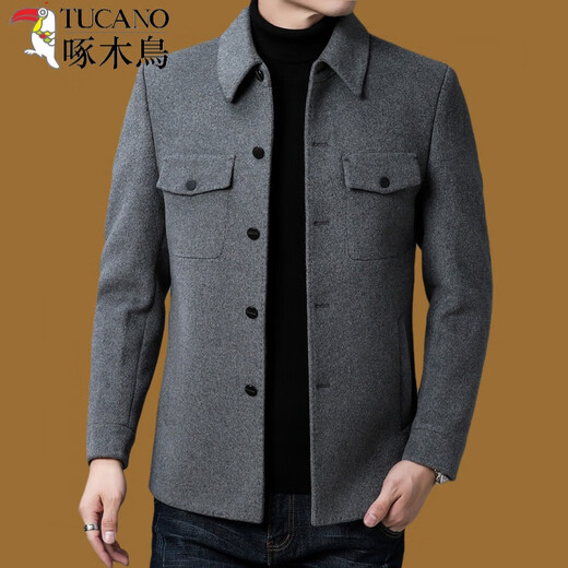Woodpecker high-end double-sided cashmere coat men's short middle-aged business casual lapel men's thickened woolen woolen coat trendy 93313 Gray L