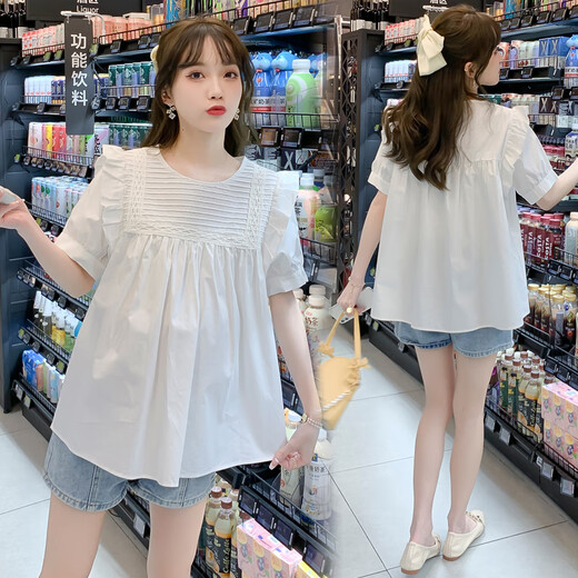 
Geman maternity suit summer suit fashionable 2024 new summer tops small fashionable shirt shorts summer white top + blue belly shorts L