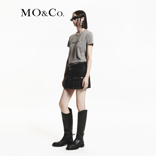 MO&Co. Cool low-waisted denim culottes with cargo pockets, A-line shorts, rock wash and belt, Moanco, denim black, M 27