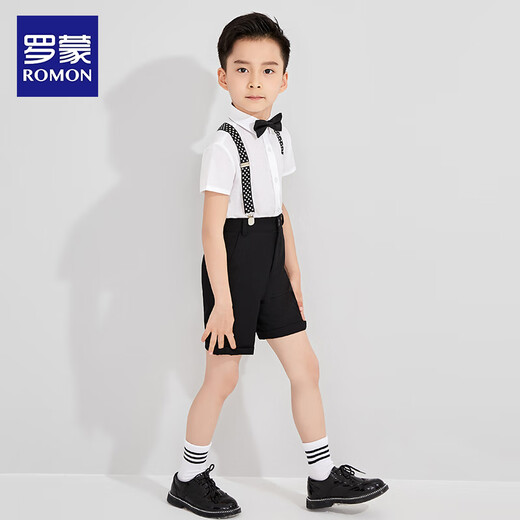 Romon boys dress suit British style summer flower boy suit handsome boy overalls table graduation children's performance four-piece suit shirt + shorts + suspenders + bow tie 120